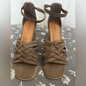 Maurices Taupe Brown Woven Ankle-Strap Block Heels